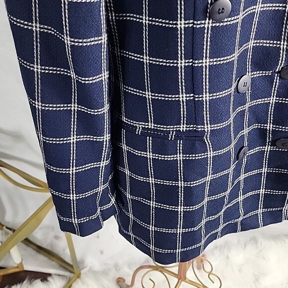 Vintage Jones New York Size 8 Checkered Navy Blue Double Breasted Jacket Blazer - Picture 4 of 7